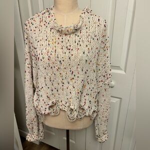 WILD HONEY Sweater Cropped Confetti Distressed Thrashed Grunge Womens S Cream
